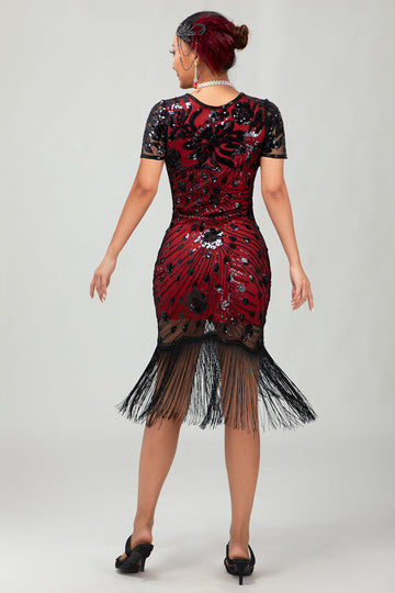 Robe à clapet à paillettes à franges rouges noires et rouges des années 1920